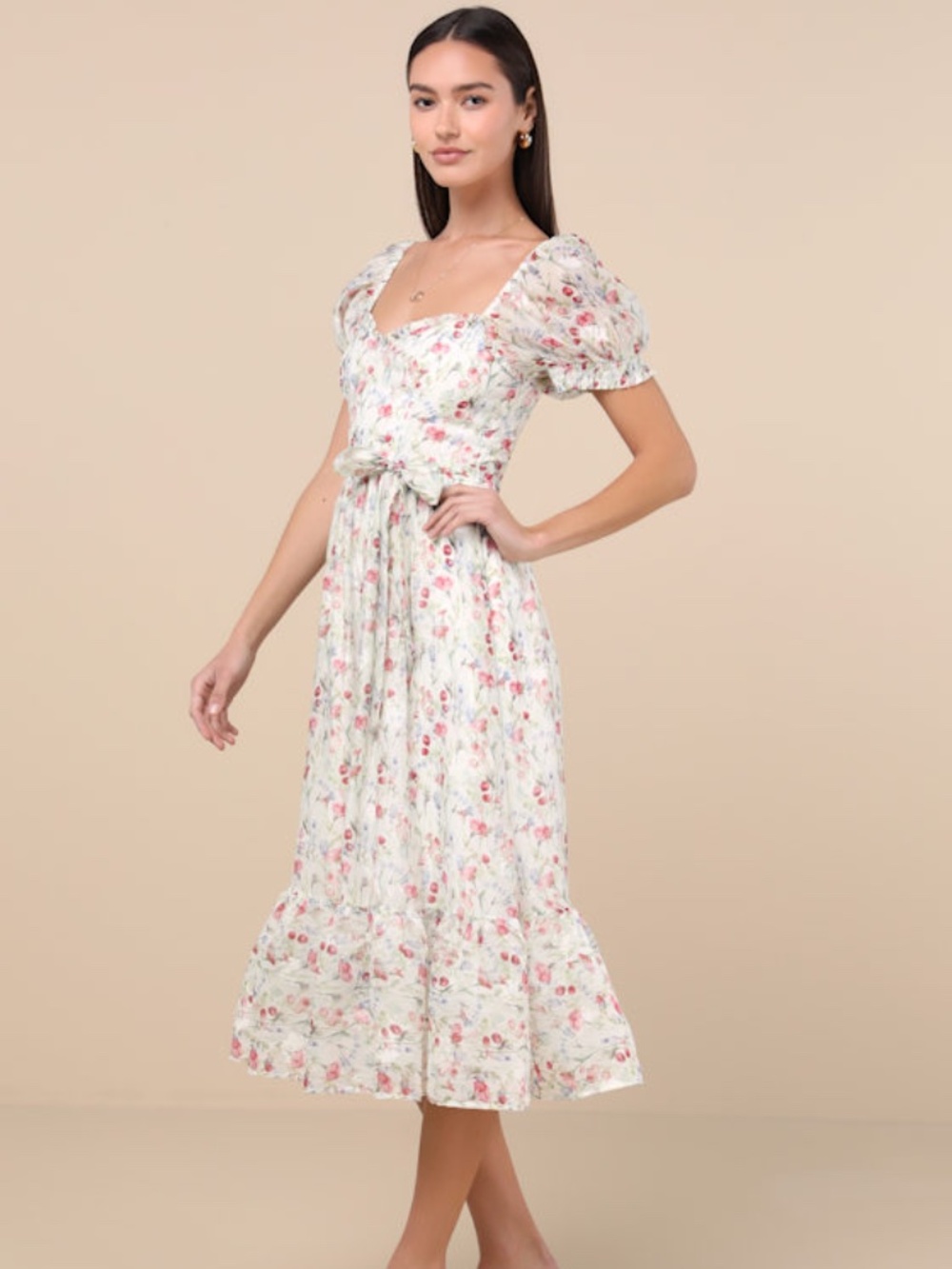 Lulus Galiena Ivory Floral Tiered Puff Sleeve Midi Dress White - Size L